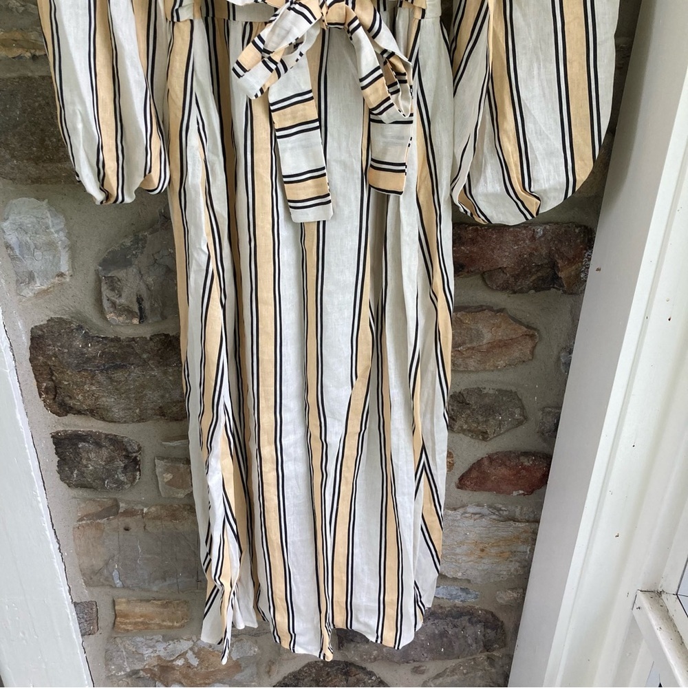 NWT VRG GRL Tularosa Linen Midi Dress Apricot Spritz Stripe Yellow/Black - Picture 8 of 16
